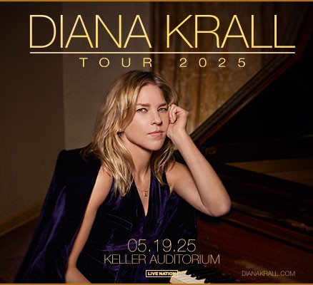 Photo o Diana Krall sitting at piano with name and tour info in text