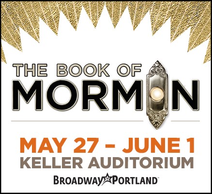 The Book of Mormon title text art with doorbell replacing second "o" in "Mormon"
