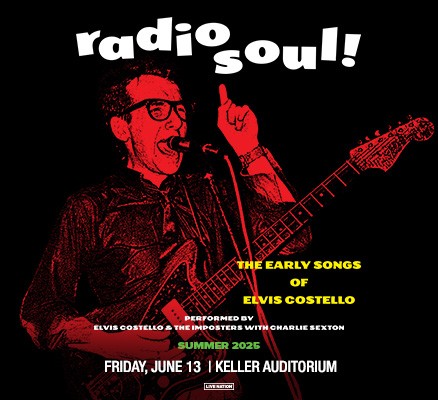 Image of Elvis Costello holding guitar singing into microphone + title text