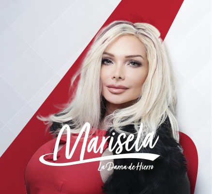 Photo of Marisela wearing a red dress and black coat