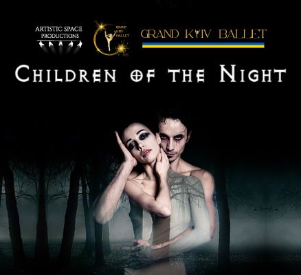 A photo illustration of two dancers, embraced, in a dark forest.