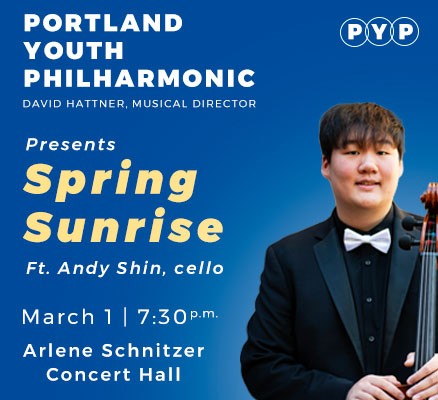 Portland Youth Philharmonic - Graphic of a student musician with cello and text reading Spring Sunrise