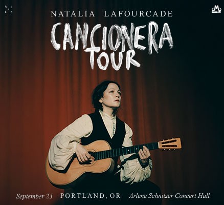 Photo of Natalia Lafourcade with guitar sitting in front of a red velvet curtain. Text overlay reads: CANCIONERA TOUR