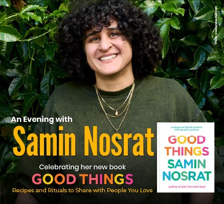 Photo of Samin Nosrat with image of book cover for "Good Things"