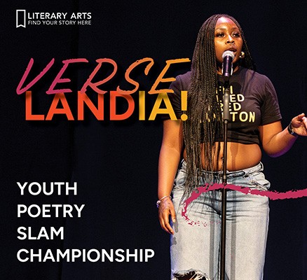 Photo of student in front of microphone, performing in Verselandia + title text