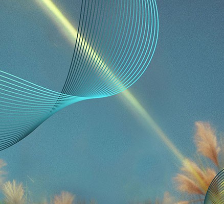 Image of geometric shapes on blue background with blurry image of flowers