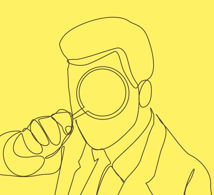 Image of black outline shape of man with a magnifying glass on yellow background