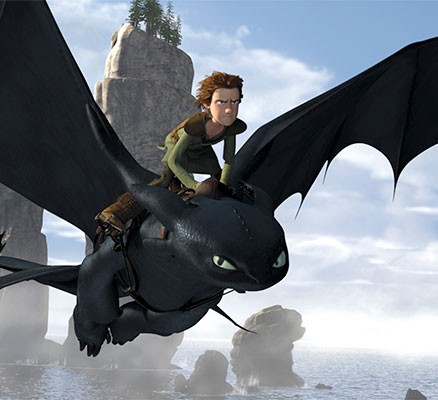 Illustration image of boy riding dragon from "How To Train Your Dragon" film