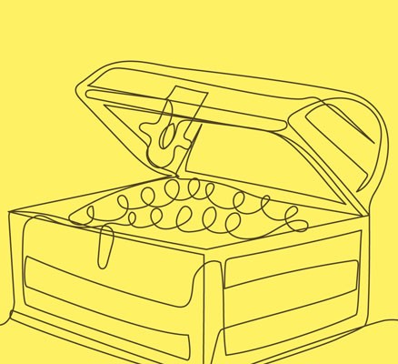 Image of black outlines of a pirate's treasure chest on yellow background