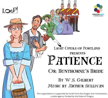 Hand drawn art of characters in the play Patience with text reading Patience or Bunthorne's Bride
