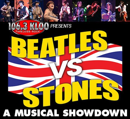 Image of British flag with "Beatles vs Stones" text and photos of the bands