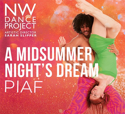 Photo of male dancer holding a female dancer upside down + title text
