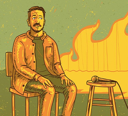 Illustration of Sal Vulcano sitting in chair adjacent fire flame 