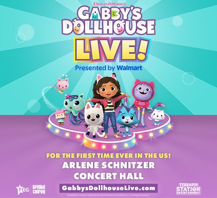 Image (cartoon illustration) of Gabby and 6 cat characters of Gabby's Dollhouse