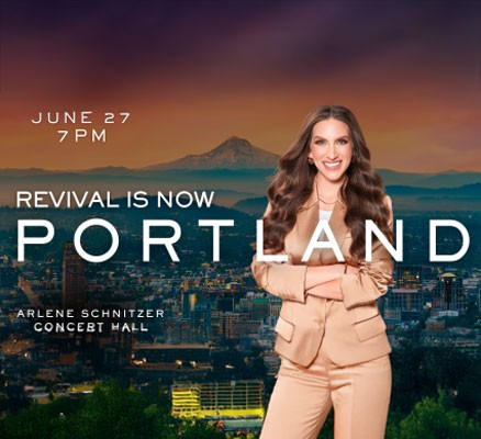 A business woman stands in front of a processed photo of Portland with text overlay reading "Revival Is Now Portland".