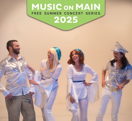 Members of Band After Midnight dressed as ABBA laughing before a cool background. The Music on Main logo is at the top.