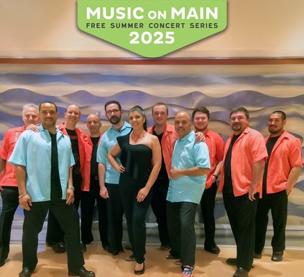 Members of the band Conjunto Alegre stand before a brightly colored wall. The Music on Main logo is at the top.