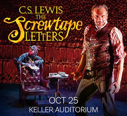Photo of actor playing as Screwtape with devilish figure in background
