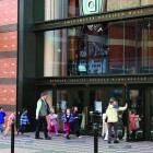 School group entering Hatfield Hall through the Main Street entrance