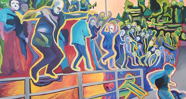 "Spirit of Freedom" oil on canvas painting by Kristin Kohl - People leaning on railing, jumping off