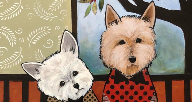 Painting of two white terrier dogs wearing sweaters and bow ties