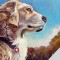 Painting of golden retriever profile with trees and blue skiy in background