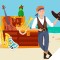 Illustration of pirate with his treasure box on an island