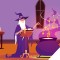 Illustration of wizard waving wand, creating spell over couldron
