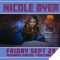 Photo of Nicole Byer in nightgown laying on bed with name, date, venue in text