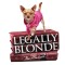 Legally Blonde title art with tan chihuahua in pink vest on top of stacked books
