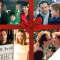 four scenes from the movie love actually framed with a red holiday bow