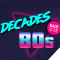 text reads decads back to the 80s in neon font on top of pink and purple triangle and purple background