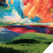 painting of rolling hills with brightly colored clouds and sky
