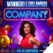 Company title art with black woman smiling and party balloons around her