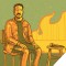 Illustration of Sal Vulcano sitting in chair adjacent fire flame