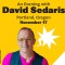 Photo of David Sedaris with a thought bubble + title text